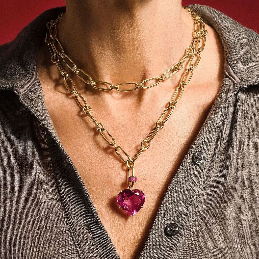 15ct Heart Cut Ruby/Aquamarine Chain Link Statement Necklace