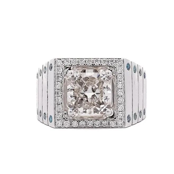 S925 Silver Brilliant Cut White and Blue Lab Gemstone Men's Ring