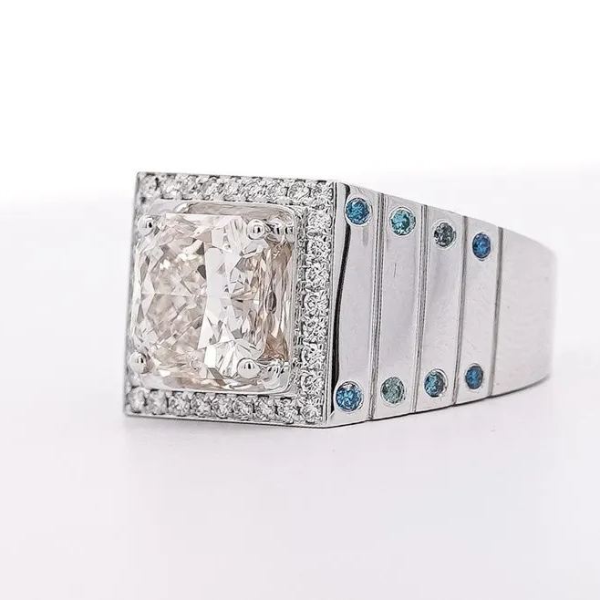 S925 Silver Brilliant Cut White and Blue Lab Gemstone Men's Ring