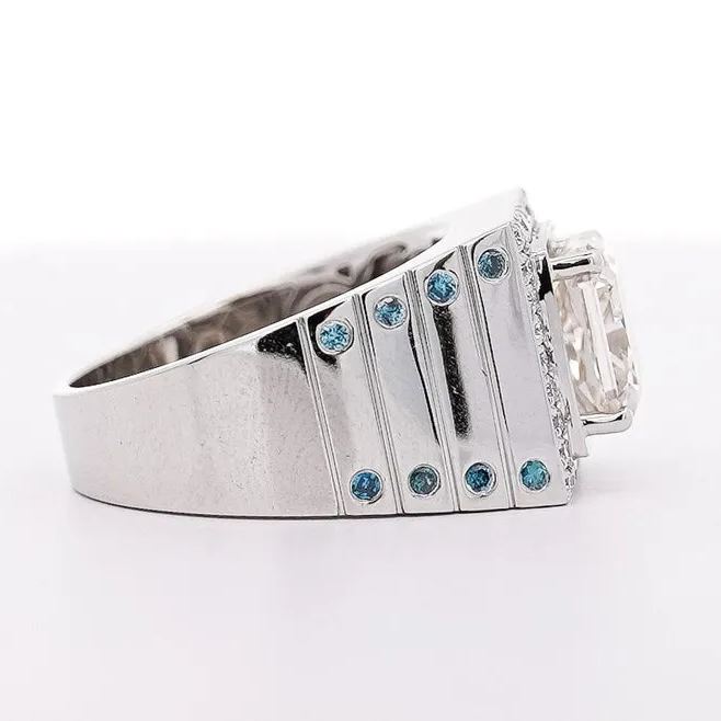 S925 Silver Brilliant Cut White and Blue Lab Gemstone Men's Ring