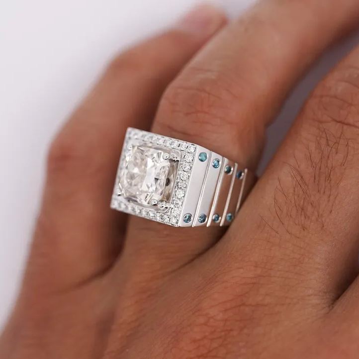 S925 Silver Brilliant Cut White and Blue Lab Gemstone Men's Ring