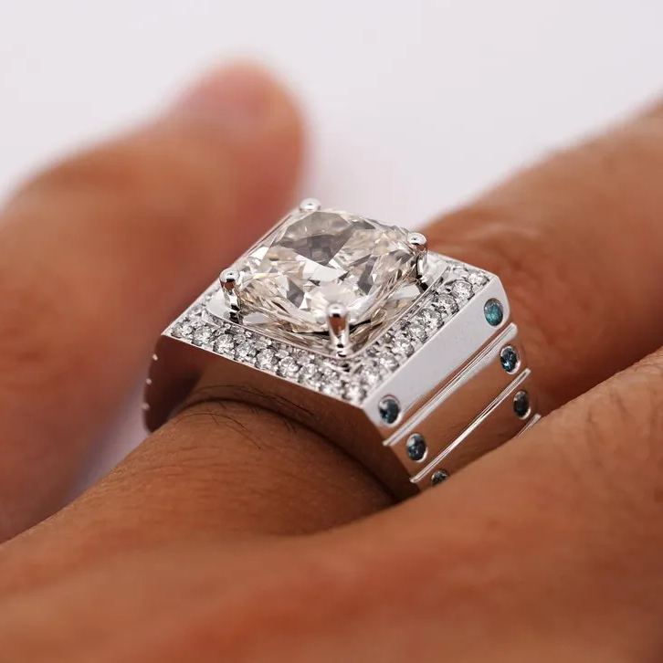 S925 Silver Brilliant Cut White and Blue Lab Gemstone Men's Ring