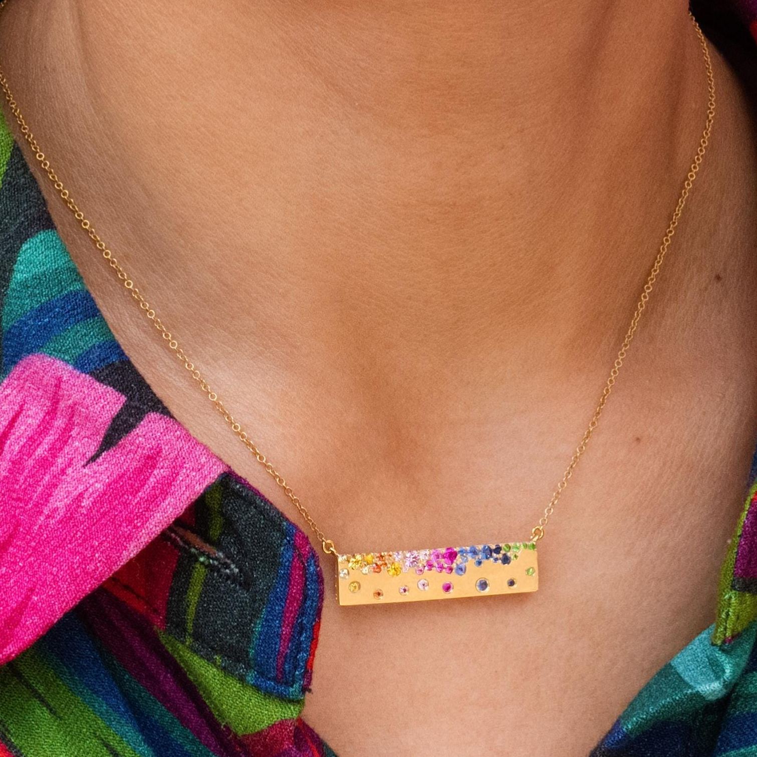 Scattered Rainbow Sapphire Bar Necklace