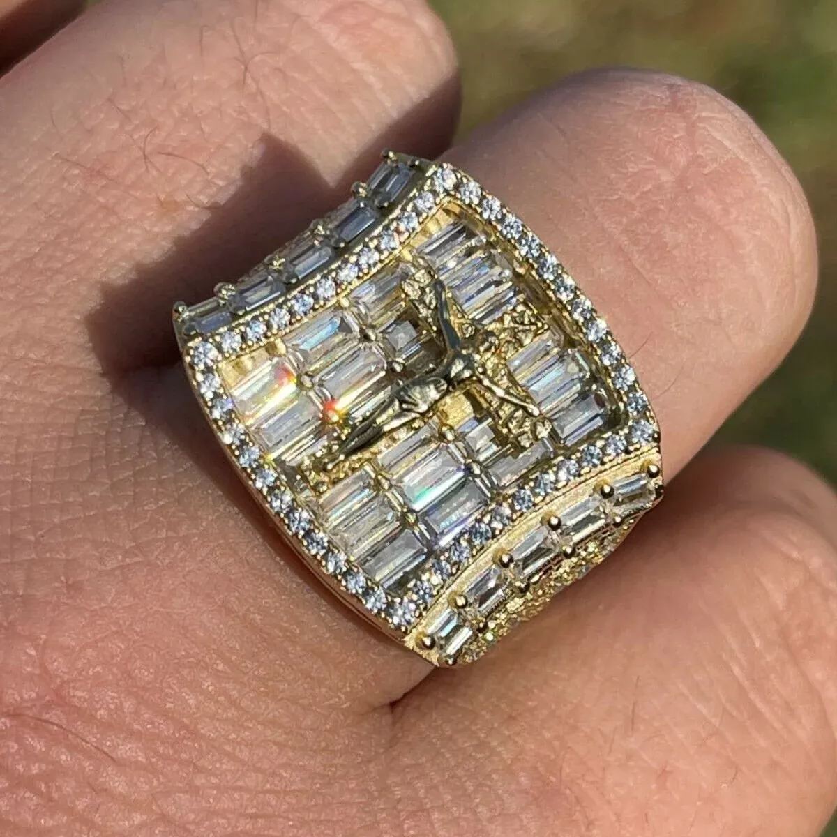 Men's Solid 925 Sterling Silver Iced Hip Hop Baguette  Pinky Cross Ring