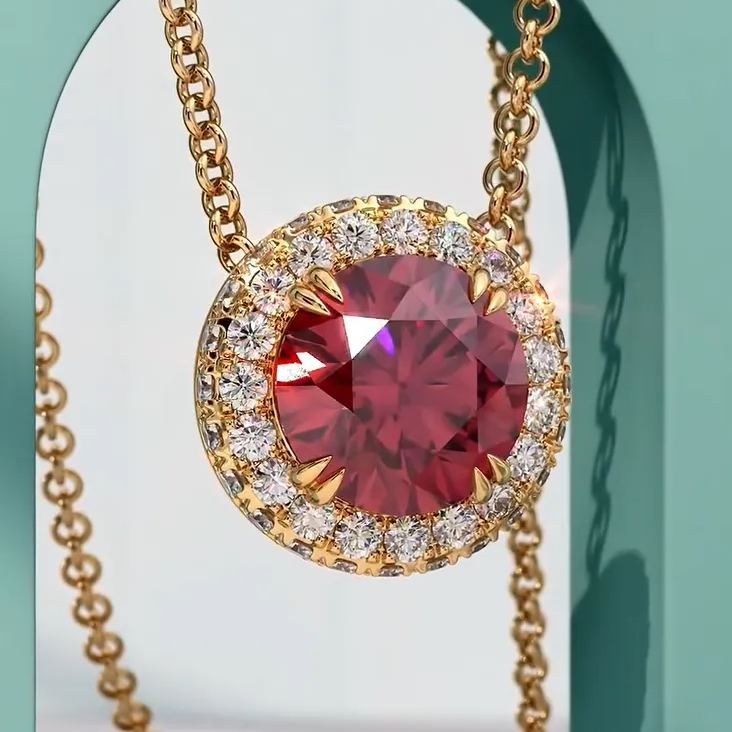 Elegant Victorian 2.5ct Round Cut Ruby (Romantic Dating) Diamond Halo Necklace - Timeless Radiance