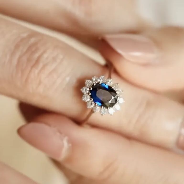Vintage Luxury 4.2ct Pear Cut Blue Sapphire Engagement Ring