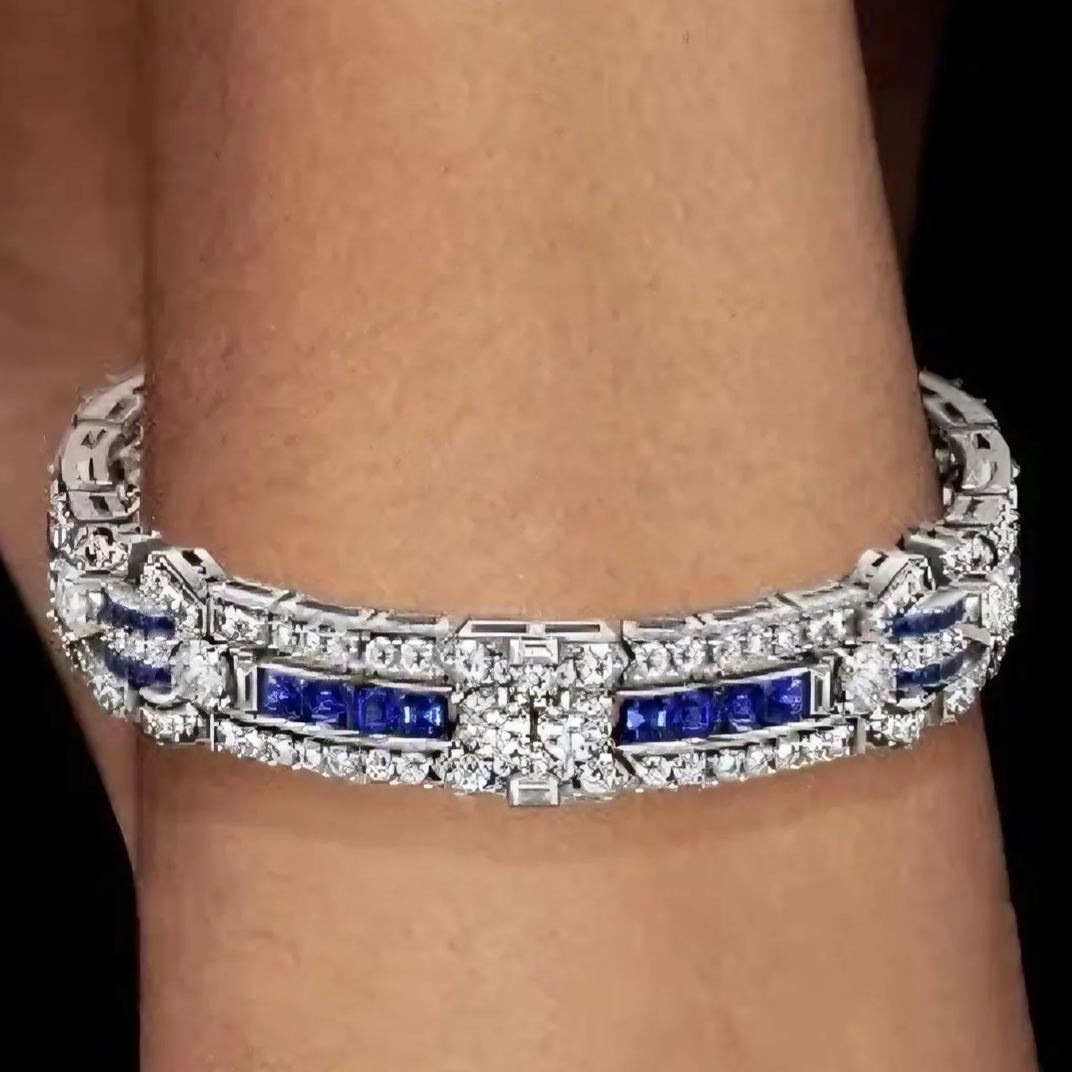 Art Deco 6.0ct Emerald Cut Royal Blue Sapphire Luxury Evening Bracelet
