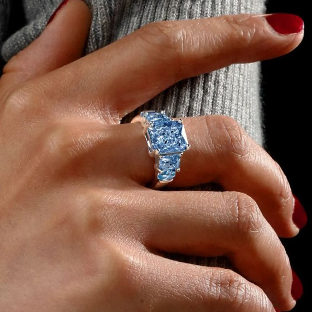 Classic 5.0ct Princess Cut Sky Blue Aquamarine Engagement Ring