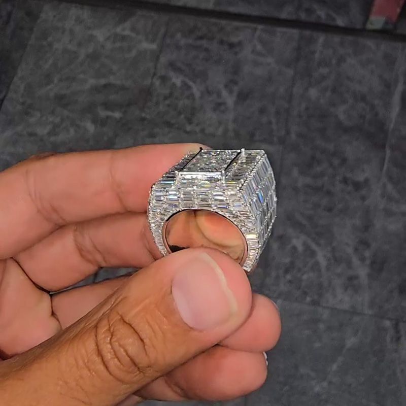 22ctw Princess & Emerald Cut White Sapphire Luxury Handmade Men's Ring