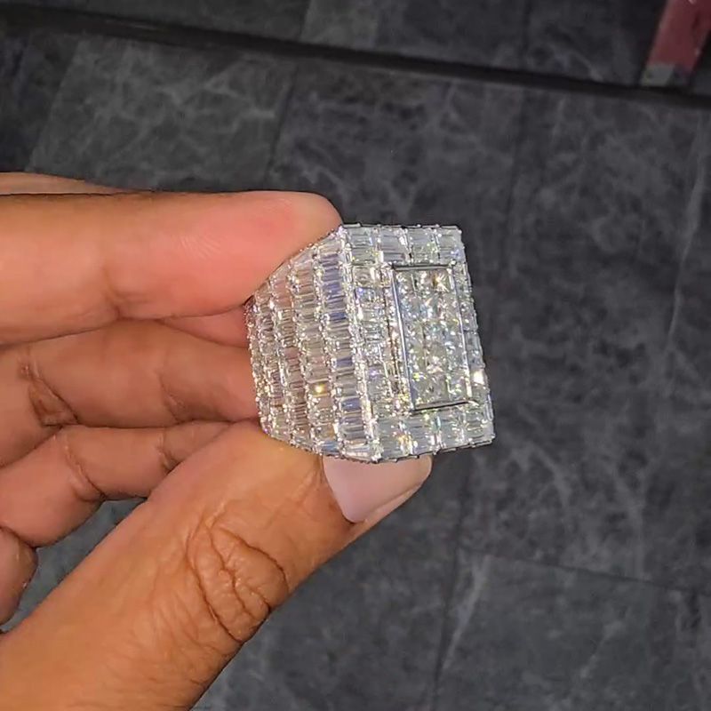 22ctw Princess & Emerald Cut White Sapphire Luxury Handmade Men's Ring