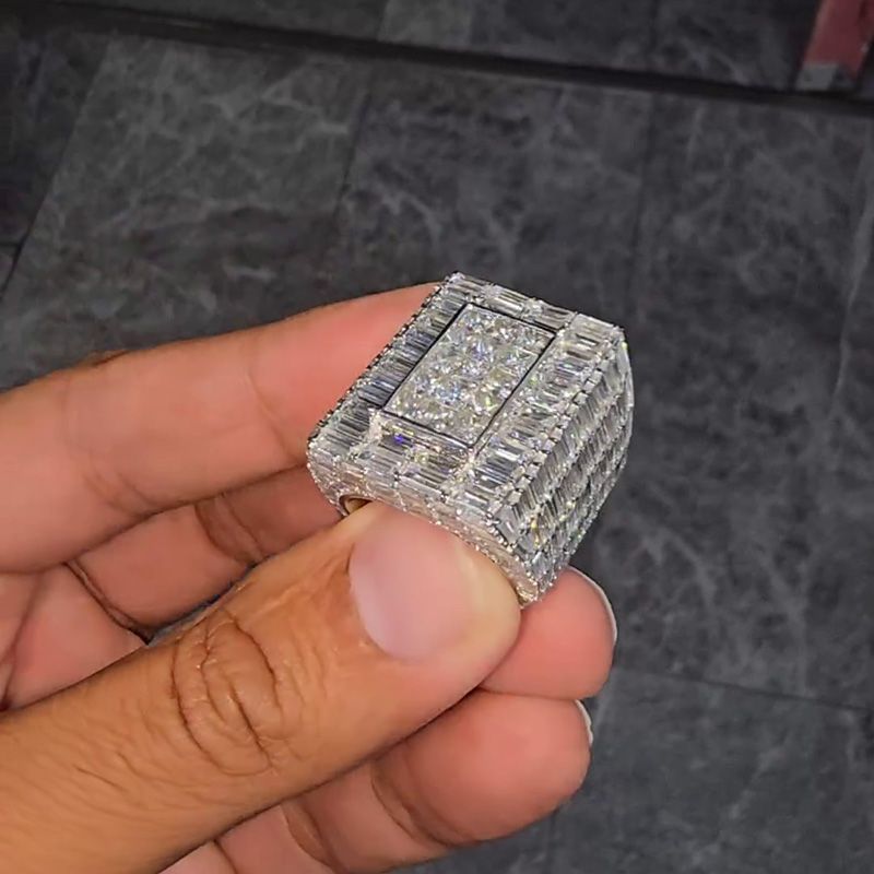 22ctw Princess & Emerald Cut White Sapphire Luxury Handmade Men's Ring