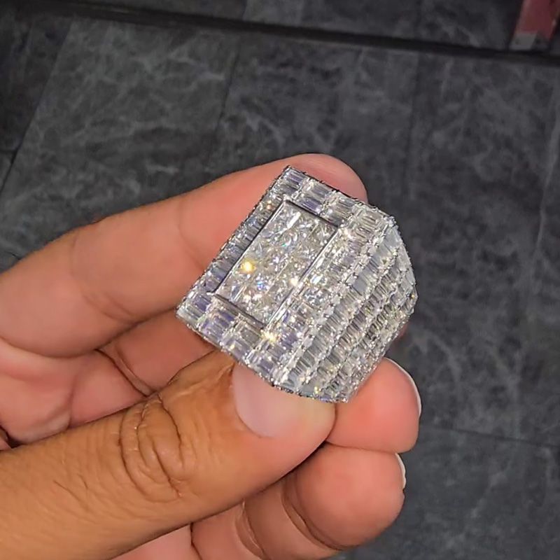 22ctw Princess & Emerald Cut White Sapphire Luxury Handmade Men's Ring