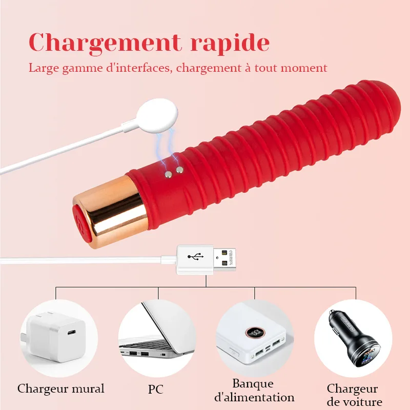Bullet Vibrator Rouge À Lèvres Fileté Rechargeable À 7 Vibrations