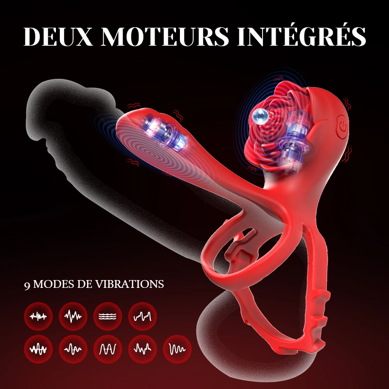 Cockring Rose à Double Moteur 10 Vibration pour Couples