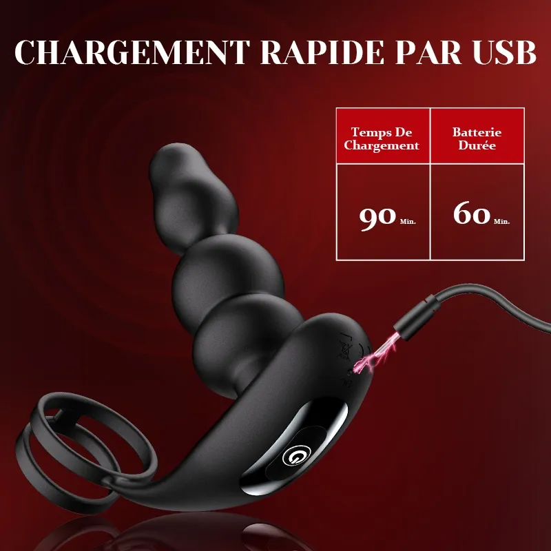 Masseur Prostatique avec Perles Portables, Rotation, Vibration et Télécommande.