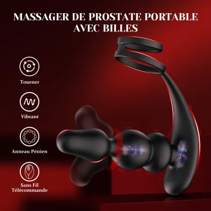 Masseur Prostatique avec Perles Portables, Rotation, Vibration et Télécommande.