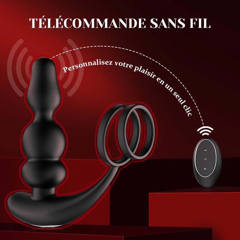 Masseur Prostatique avec Perles Portables, Rotation, Vibration et Télécommande.