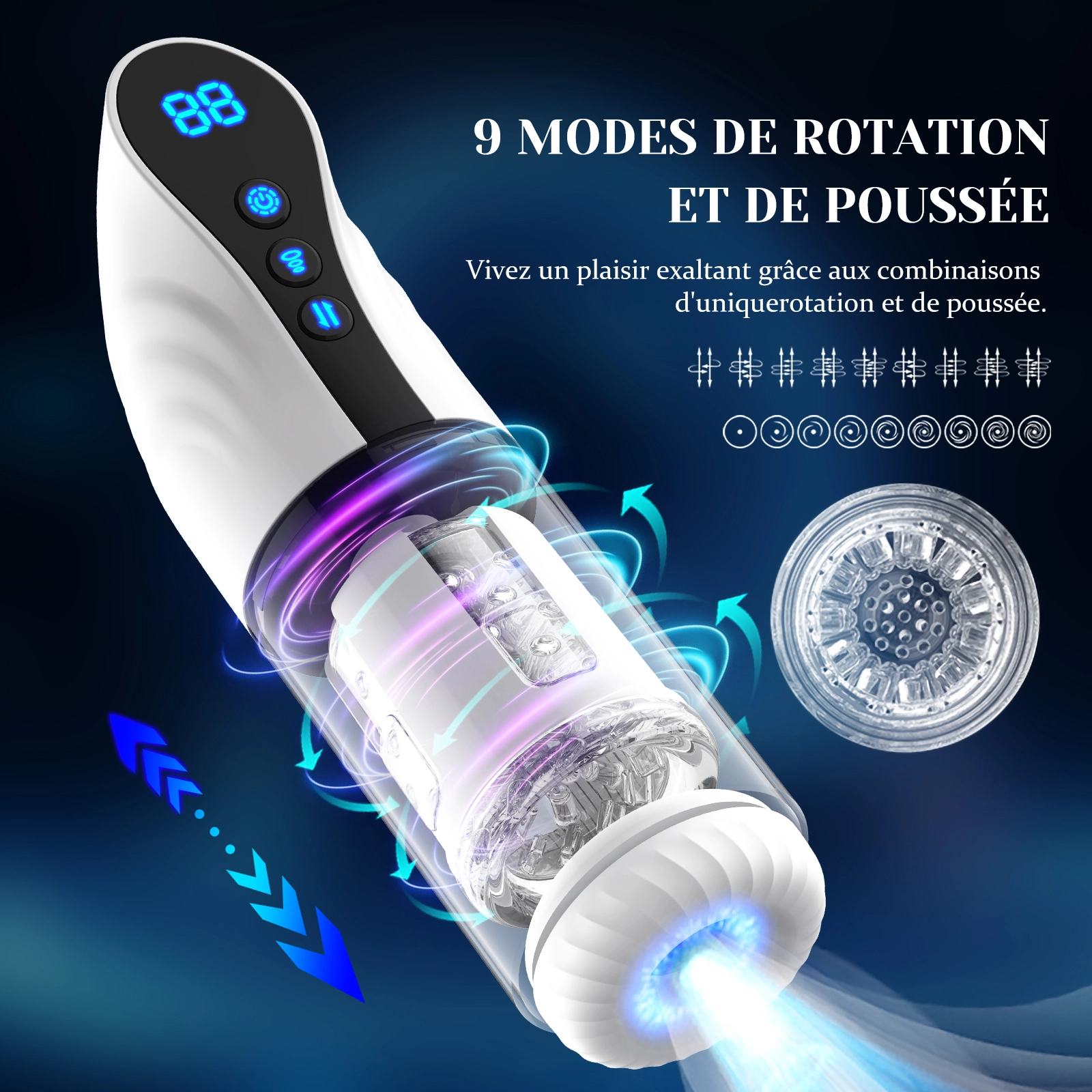 Masturbateur avec 9 Fonctions de Succion, Rotation, Va-et-Vient et Insertion Profonde