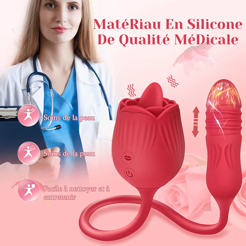 Vibromasseur Rose 2 en 1 Avec 10 Modes de Léchage Et de Poussée