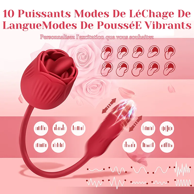 Vibromasseur Rose 2 en 1 Avec 10 Modes de Léchage Et de Poussée