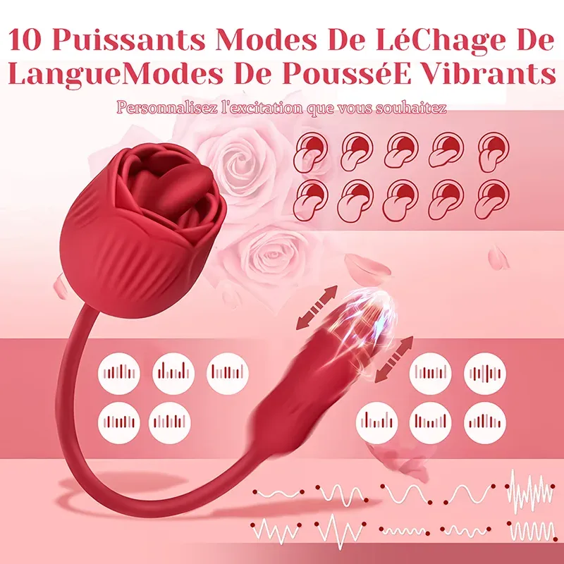 Vibromasseur Rose 2 en 1 Avec 10 Modes de Léchage Et de Poussée