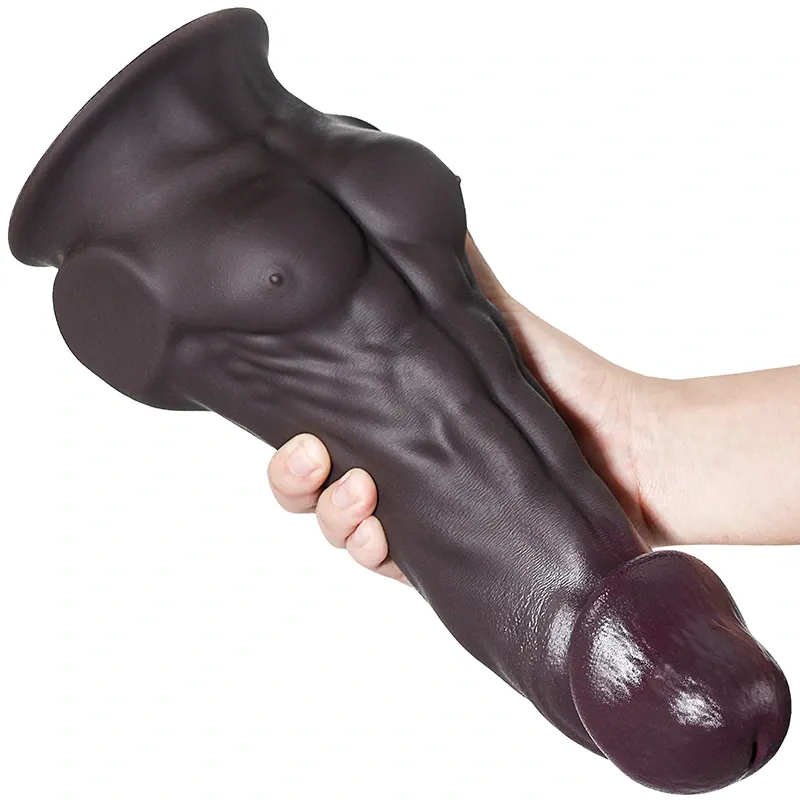 Gode Réaliste Marron Foncé Épais Avec Pectoraux Musclés 23-28 cm