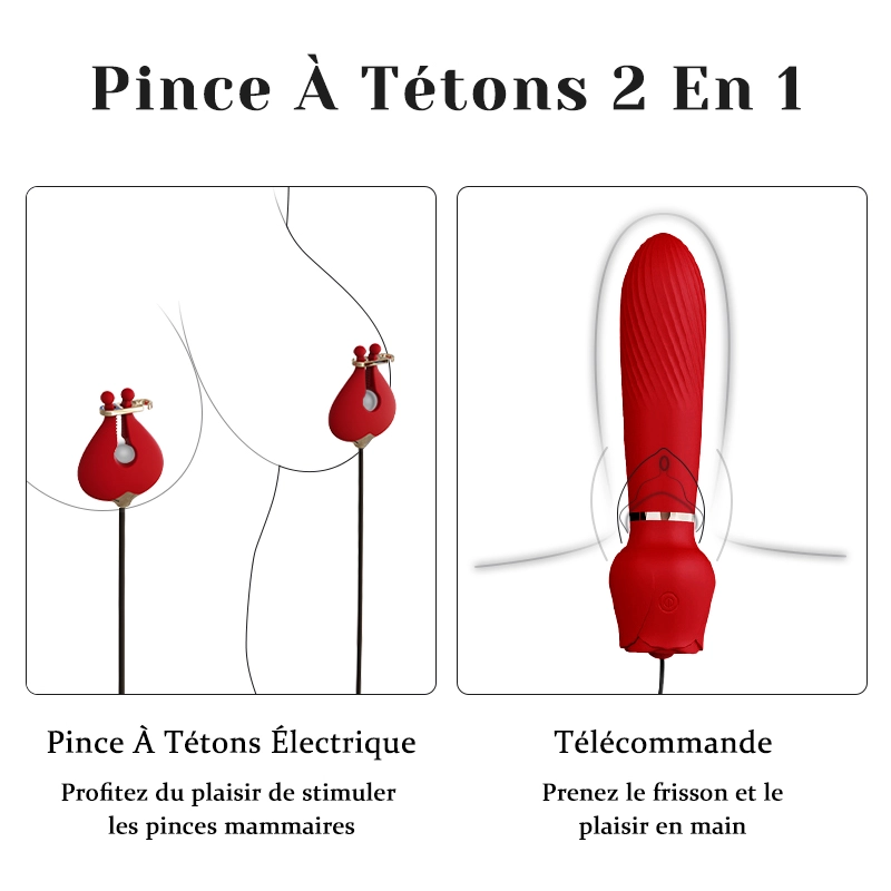Vibromasseur 2-en-1 en forme de rose et pinces à tétons – 10 modes de vibration puissants pour la stimulation du point G et des tétons