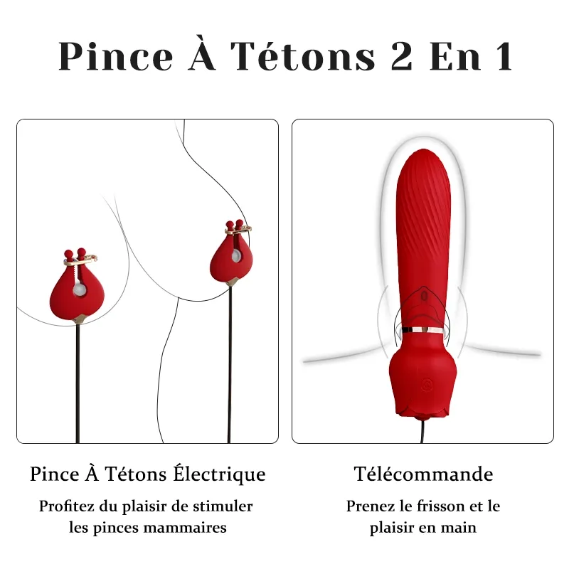Vibromasseur 2-en-1 en forme de rose et pinces à tétons – 10 modes de vibration puissants pour la stimulation du point G et des tétons