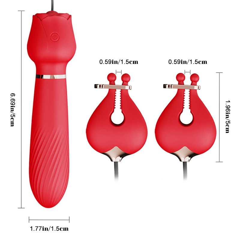 Vibromasseur 2-en-1 en forme de rose et pinces à tétons – 10 modes de vibration puissants pour la stimulation du point G et des tétons