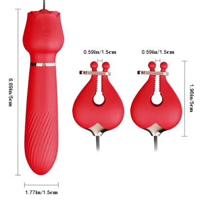 Vibromasseur 2-en-1 en forme de rose et pinces à tétons – 10 modes de vibration puissants pour la stimulation du point G et des tétons