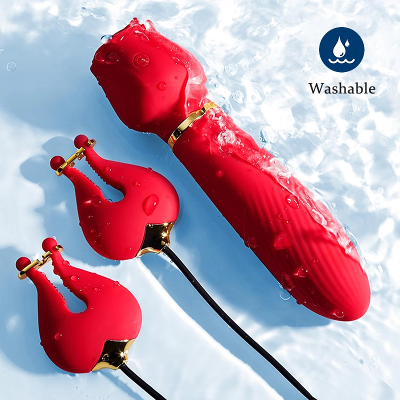Vibromasseur 2-en-1 en forme de rose et pinces à tétons – 10 modes de vibration puissants pour la stimulation du point G et des tétons