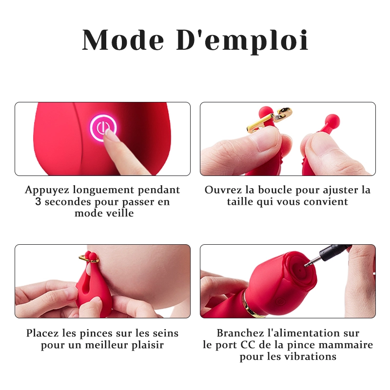 Vibromasseur 2-en-1 en forme de rose et pinces à tétons – 10 modes de vibration puissants pour la stimulation du point G et des tétons