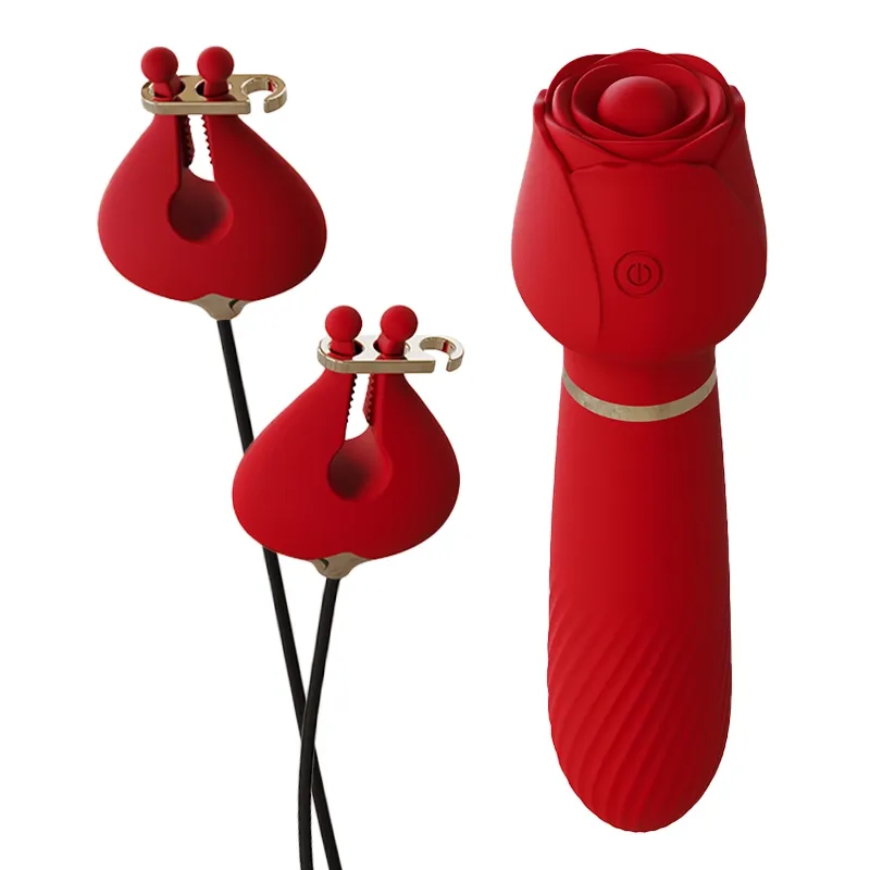 Vibromasseur 2-en-1 en forme de rose et pinces à tétons – 10 modes de vibration puissants pour la stimulation du point G et des tétons