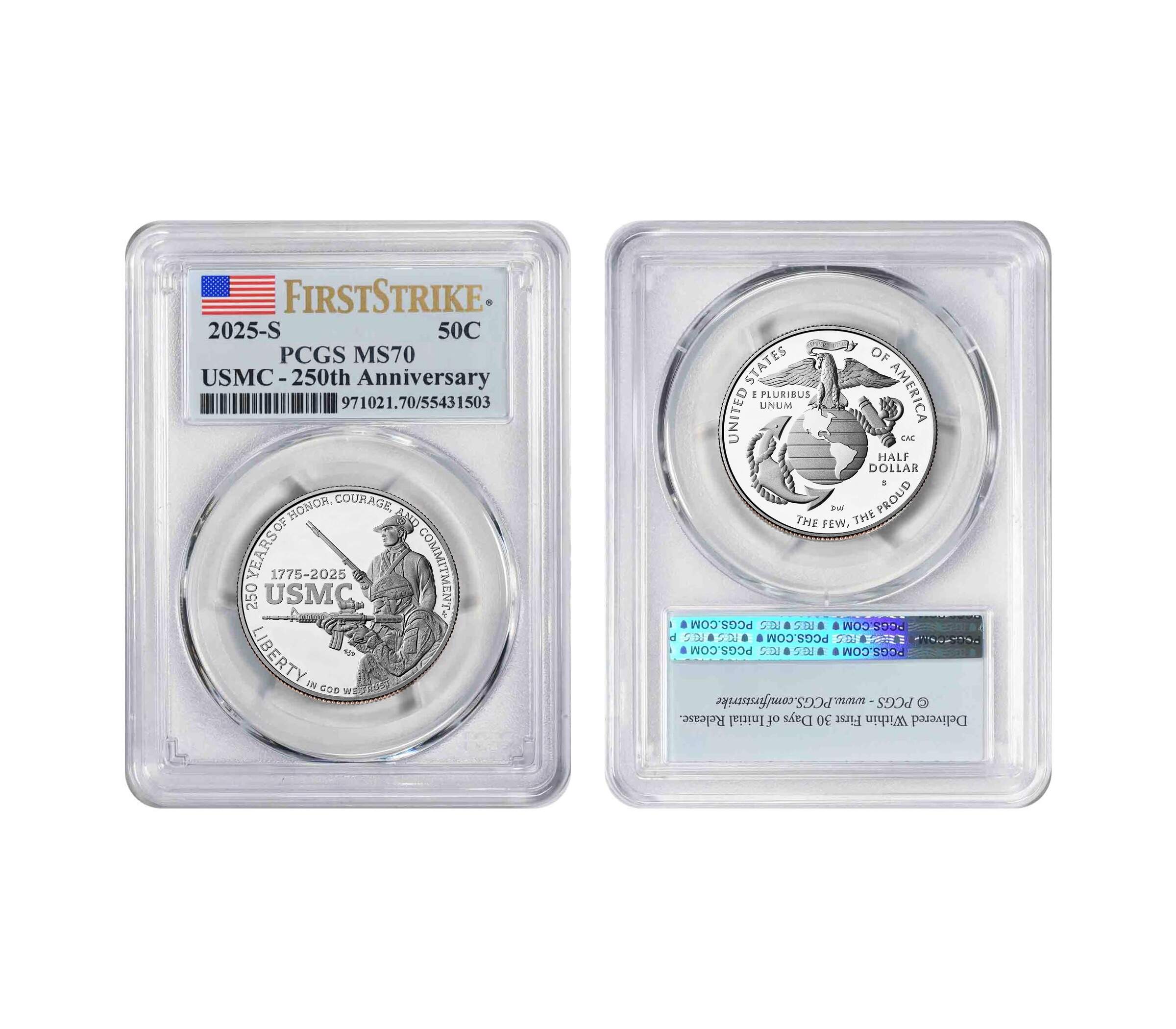 2025 P U.S. Marine Corps USMC 250th Anniversary Silver Commemorative Dollar, First Strike PCGS MS70