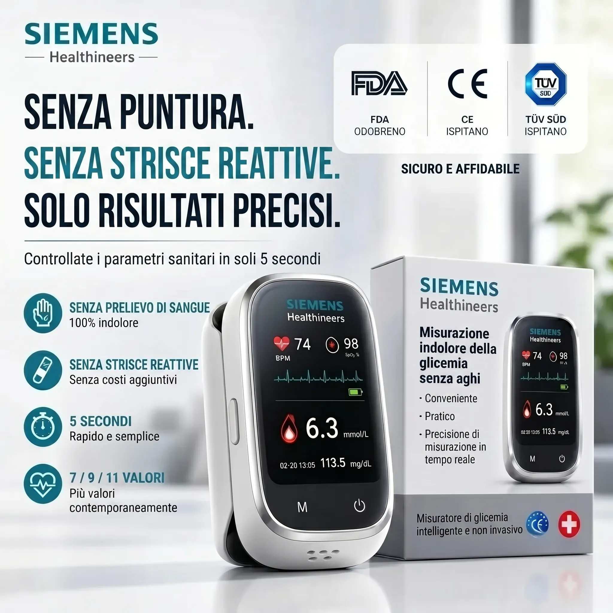 🩸Siemens™ 11-in-1 Misuratore di Glicemia Senza Ago  Senza Puntura • Senza Strisce Reattive • Risultati in soli 5 secondi