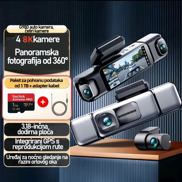 🔥🔥🔥 G980 360° 8K kamera za automobil – Inteligentna zaštita s umjetnom inteligencijom, glasovno upravljanje, noćni vid, postavljanje četiri kamere i GPS praćenje za sveobuhvatnu sigurnost.🔥🔥🔥