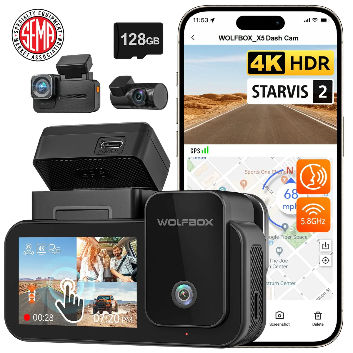 [Copy]Kamera samochodowa Wolfbox X5 Duo przód-tył 4K + 2,5K z czujnikiem STARVIS 2 IMX678, kompaktowa mini kamera samochodowa