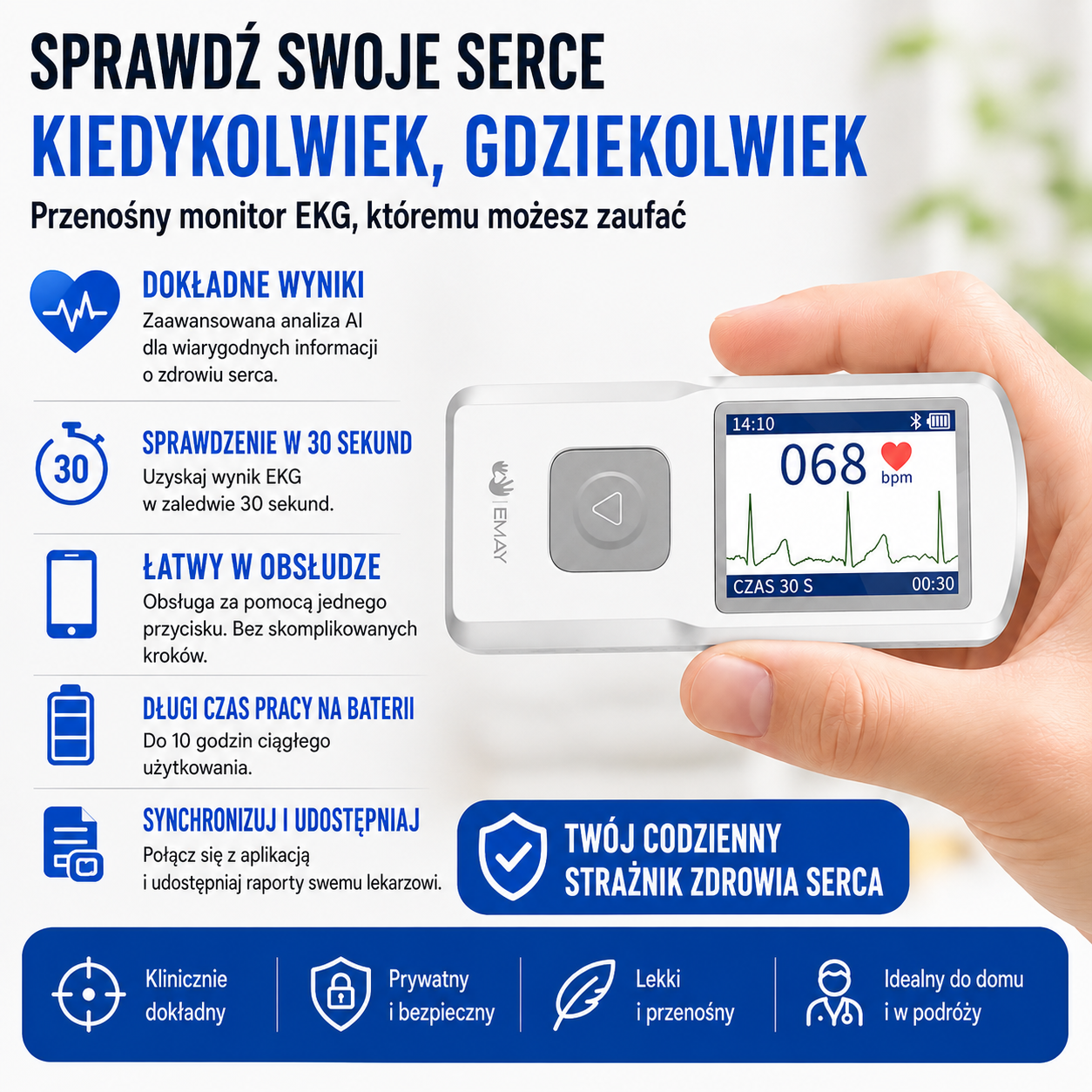 EMAY przenośny monitor EKG (kompatybilny z iPhone, Android, Mac i Windows) | Osobisty monitor serca EKG
