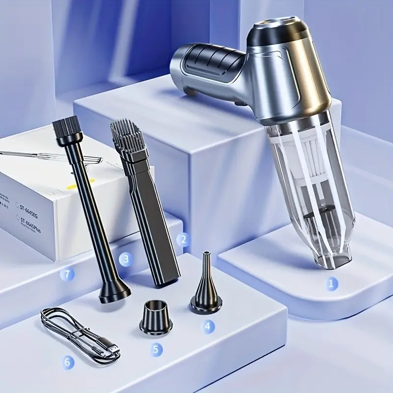 Kompaktowy Bezprzewodowy Odkurzacz Samochodowy o Wysokiej Mocy - Wielofunkcyjny z Silnym Ssaniem i Wiatrem, Ładowany przez USB, Ręczny Design, Zestaw Akcesoriów (Siatka Diamentowa, Szczotka do Podłogi, Pudełko EVA) - Cicha Praca do Domu i Samochodu, Bezpr