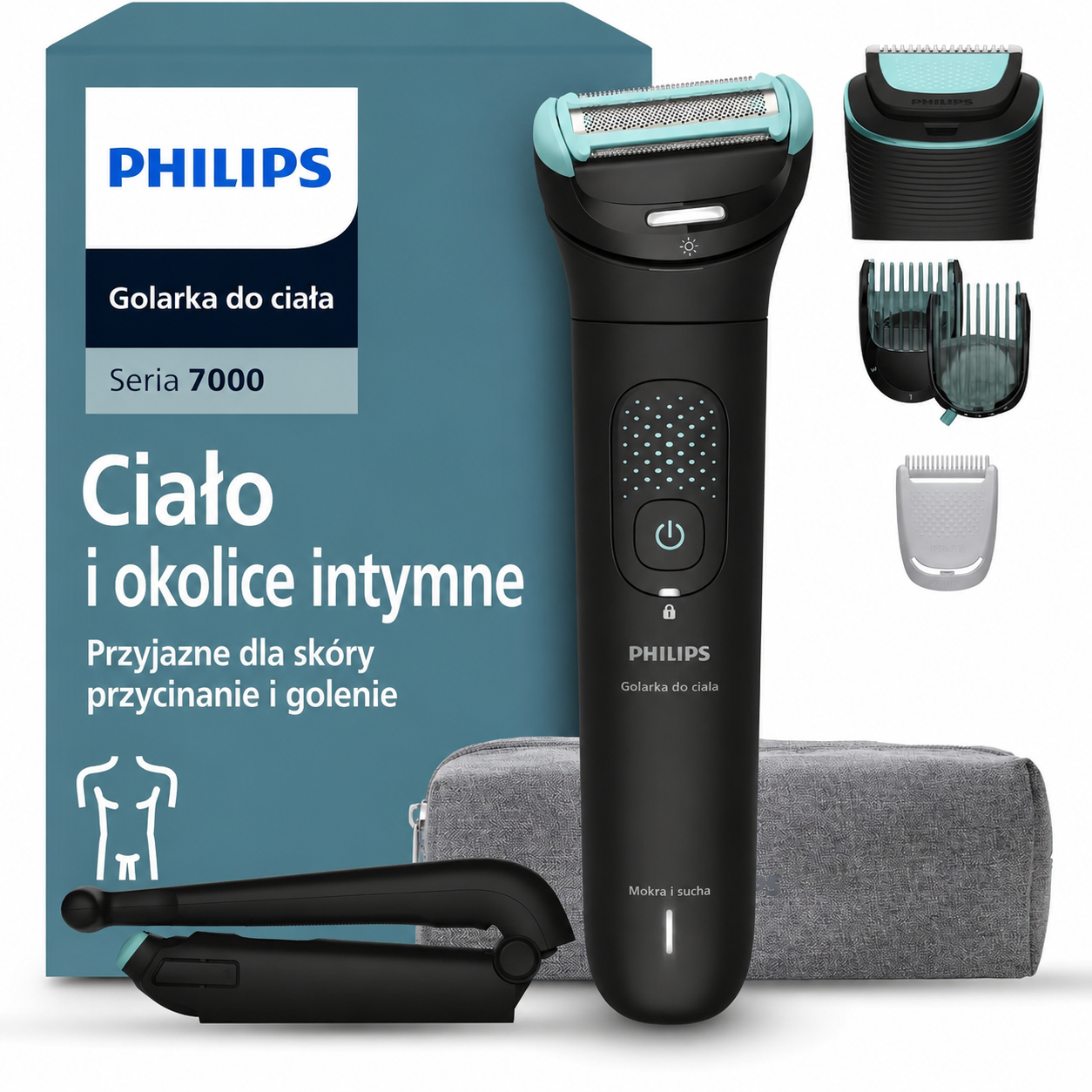 Golarka do ciała Philips seria 7000 – z głowicą golącą z podwójnym systemem 2D i potrójną ochroną, umożliwia precyzyjne i delikatne usuwanie włosów z okolic intymnych, w pełni wodoodporna, czas pracy na jednym ładowaniu do 120 minut