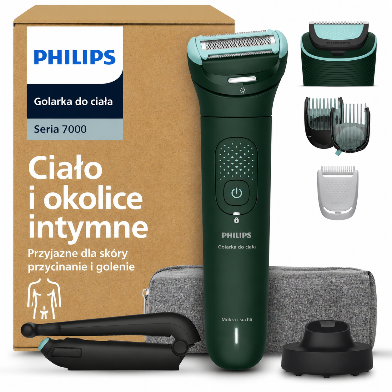 Golarka do ciała Philips seria 7000 – z głowicą golącą z podwójnym systemem 2D i potrójną ochroną, umożliwia precyzyjne i delikatne usuwanie włosów z okolic intymnych, w pełni wodoodporna, czas pracy na jednym ładowaniu do 120 minut