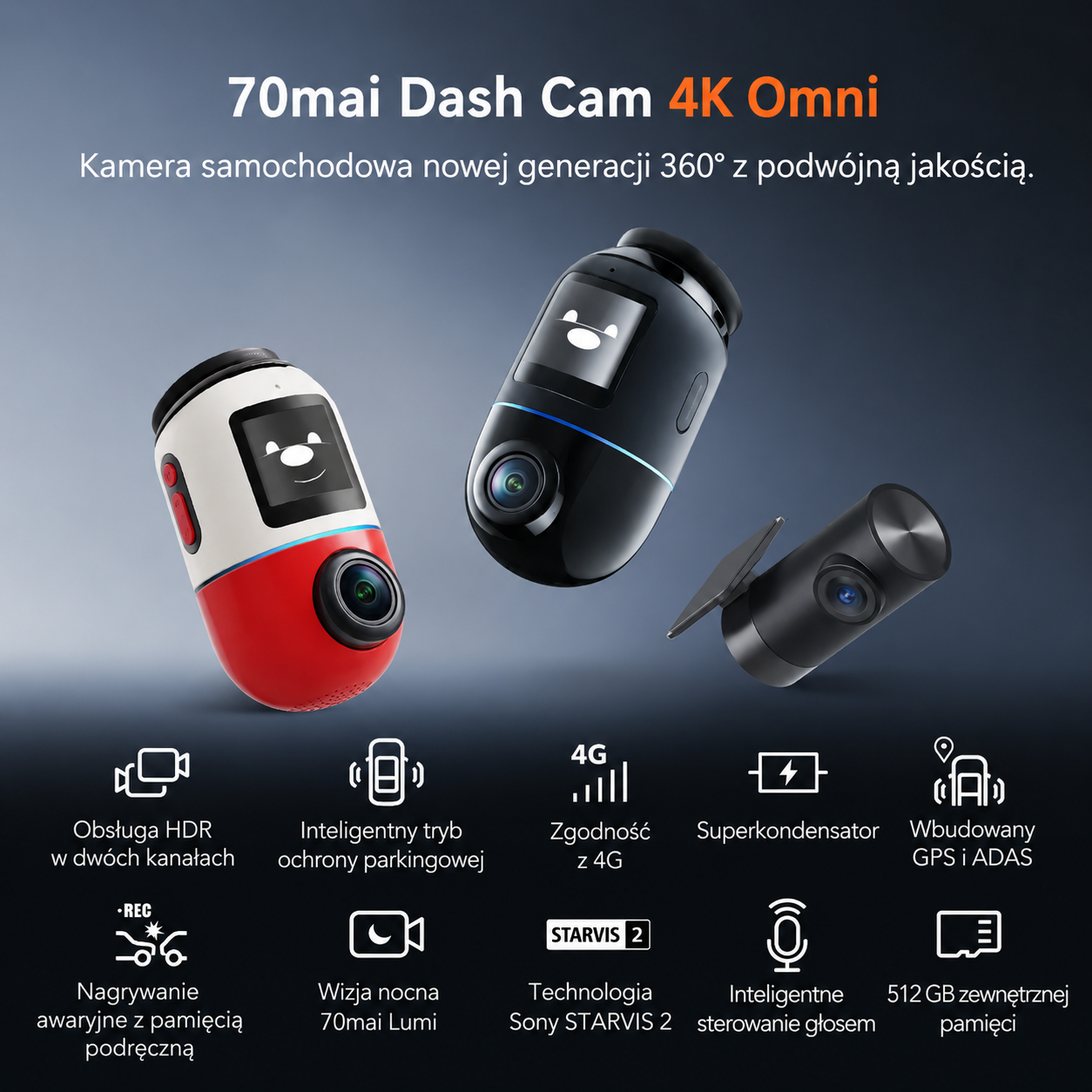 Kamera samochodowa 70mai Omni X800 360° o rozdzielczości 4K | Łączność 4G | Wykrywanie ruchu AI | Buforowane nagrywanie awaryjne