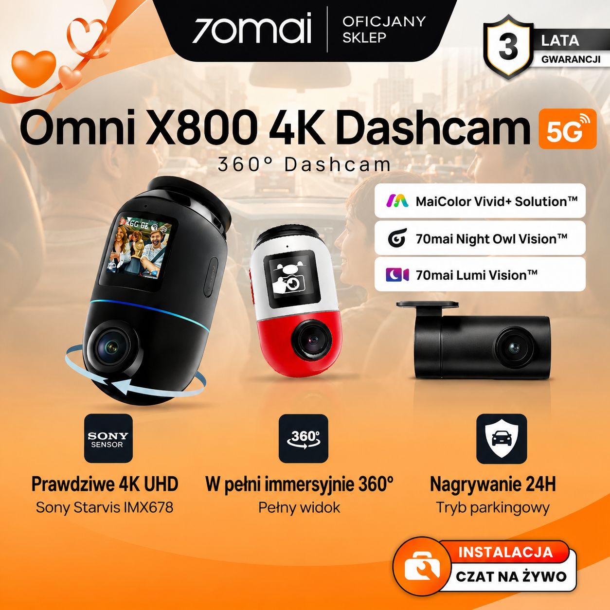 Kamera samochodowa 70mai Omni X800 360° o rozdzielczości 4K | Łączność 4G | Wykrywanie ruchu AI | Buforowane nagrywanie awaryjne