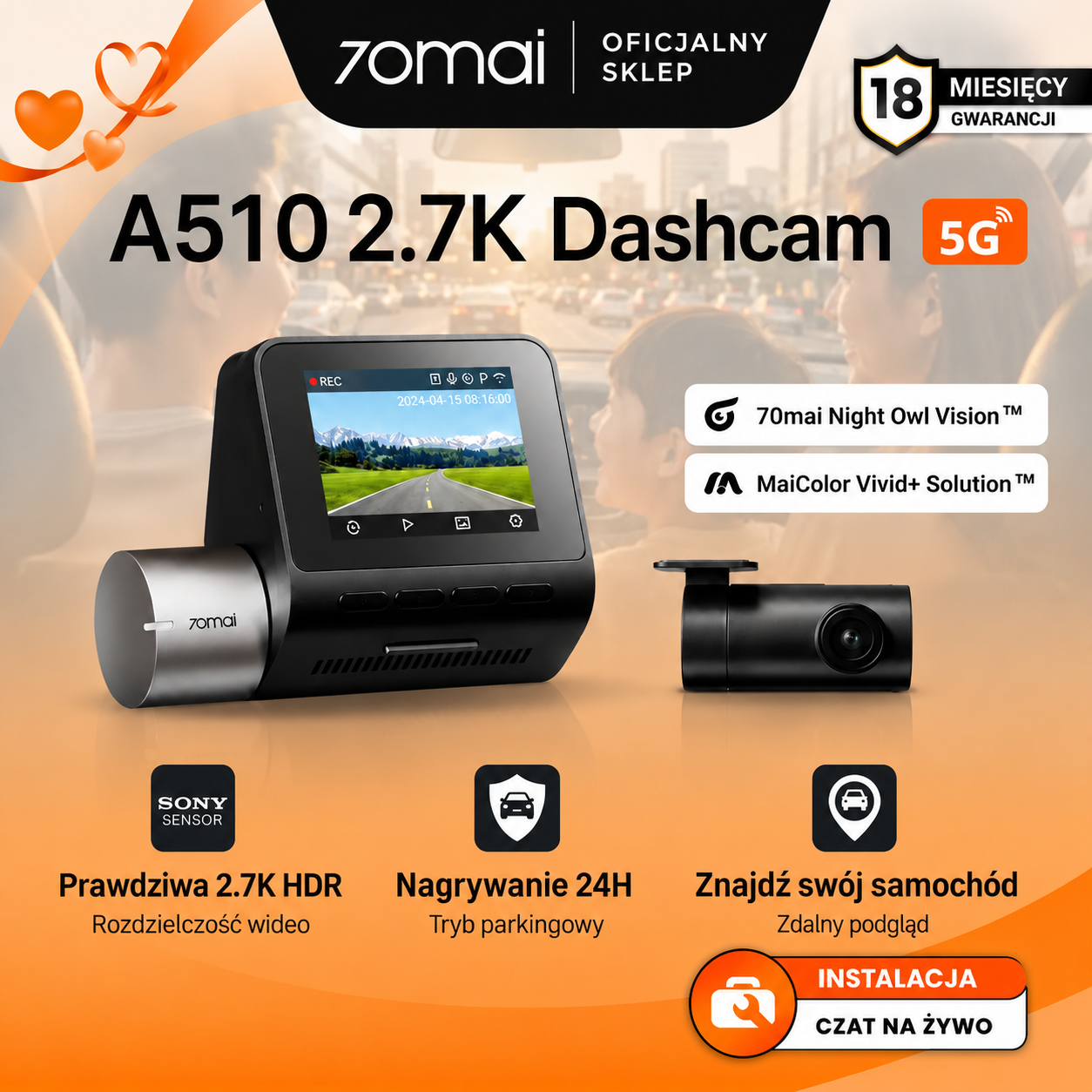 Kamera samochodowa 70mai A510 o rozdzielczości 2,7K z HDR | Łączność 4G | Wbudowany GPS oraz system ADAS | Buforowane nagrywanie awaryjne