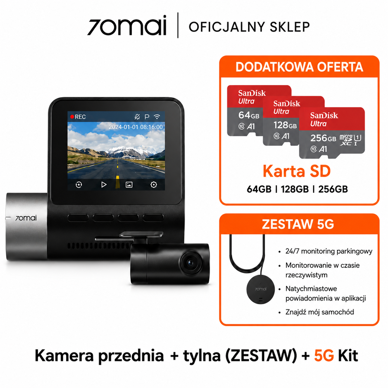 Kamera samochodowa 70mai A510 o rozdzielczości 2,7K z HDR | Łączność 4G | Wbudowany GPS oraz system ADAS | Buforowane nagrywanie awaryjne