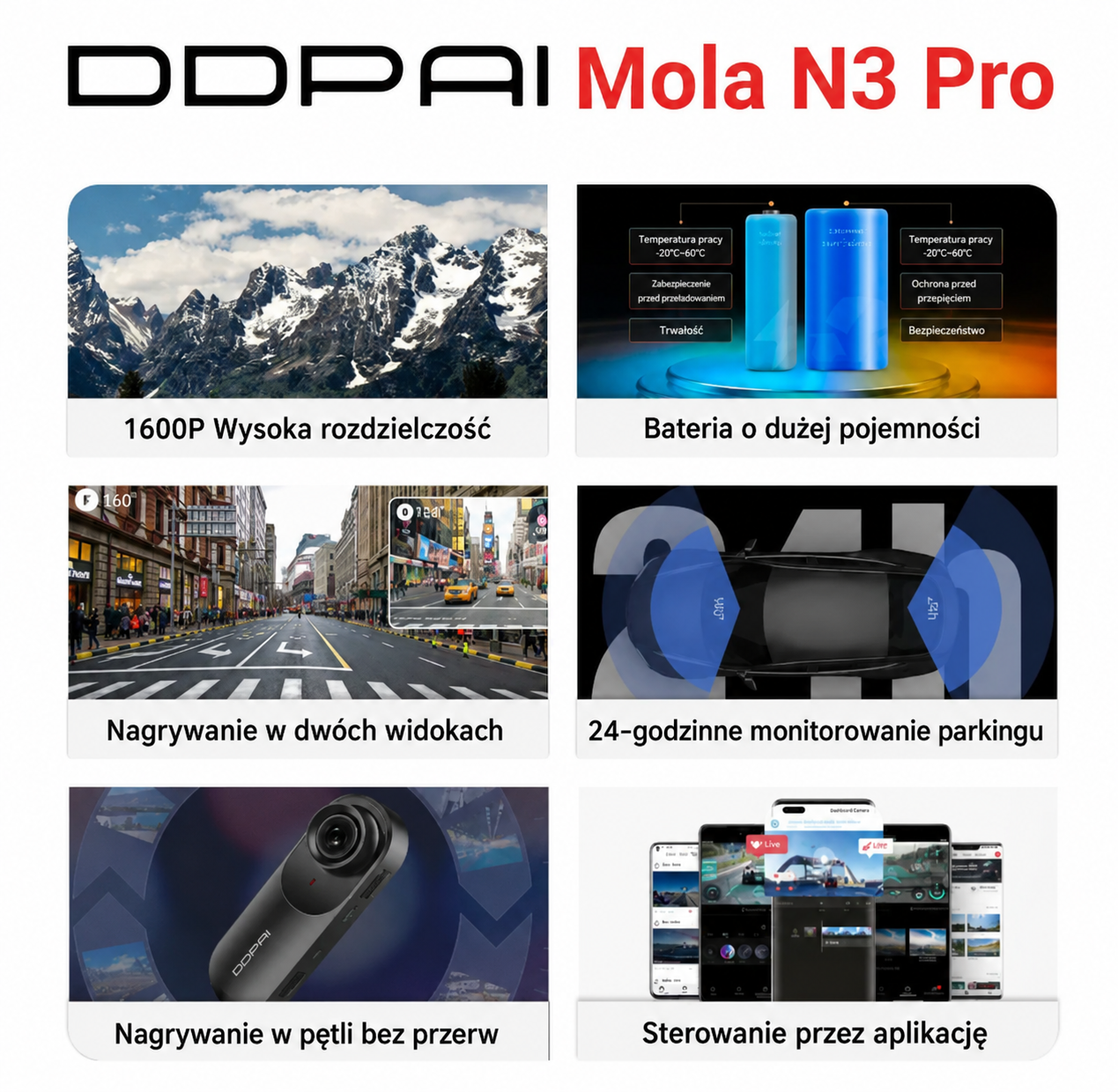 Rejestrator jazdy DDPAI Mola N3 Pro z dwiema kamerami, przednią i tylną, w wysokiej rozdzielczości 1600P