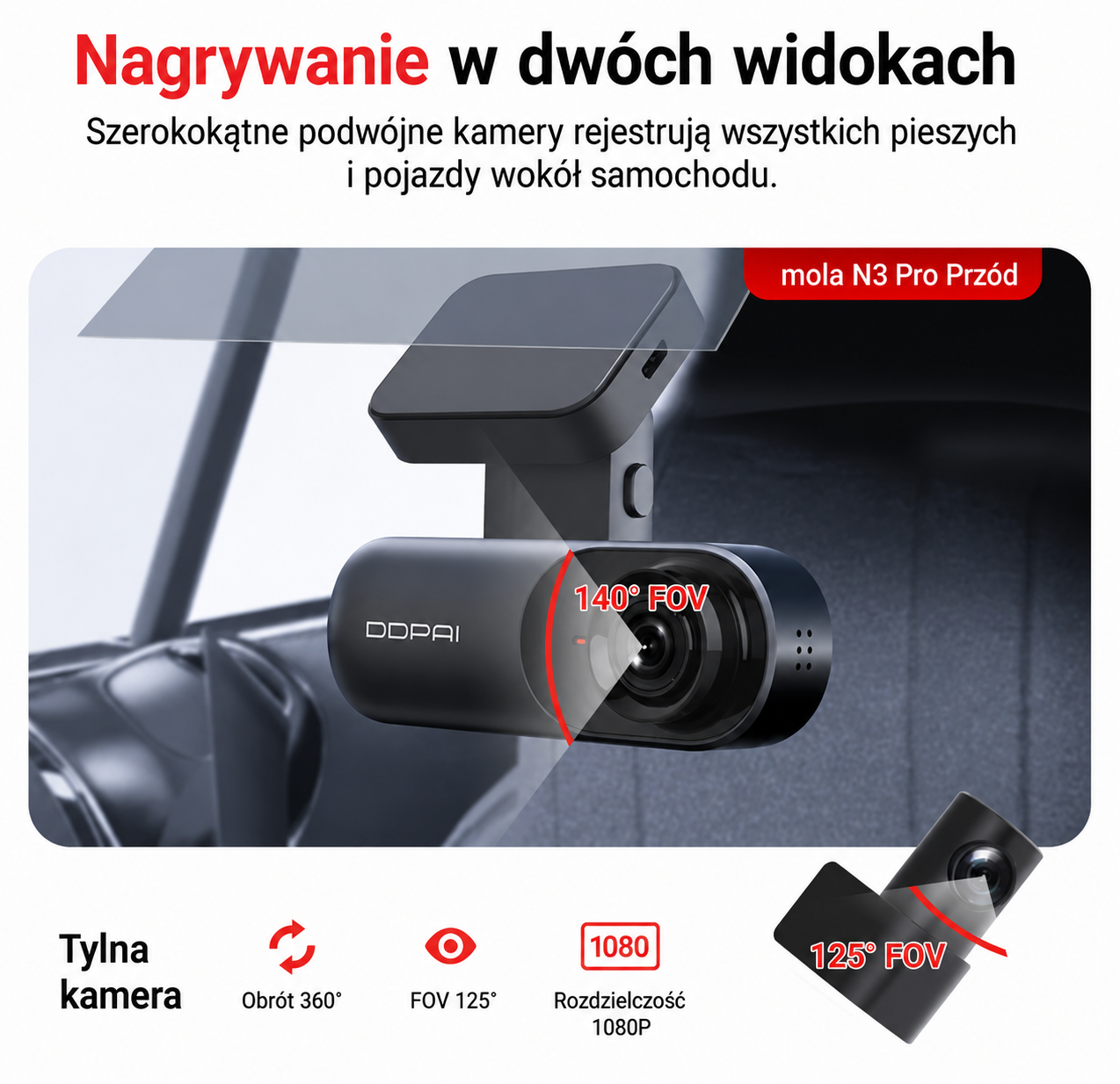 Rejestrator jazdy DDPAI Mola N3 Pro z dwiema kamerami, przednią i tylną, w wysokiej rozdzielczości 1600P