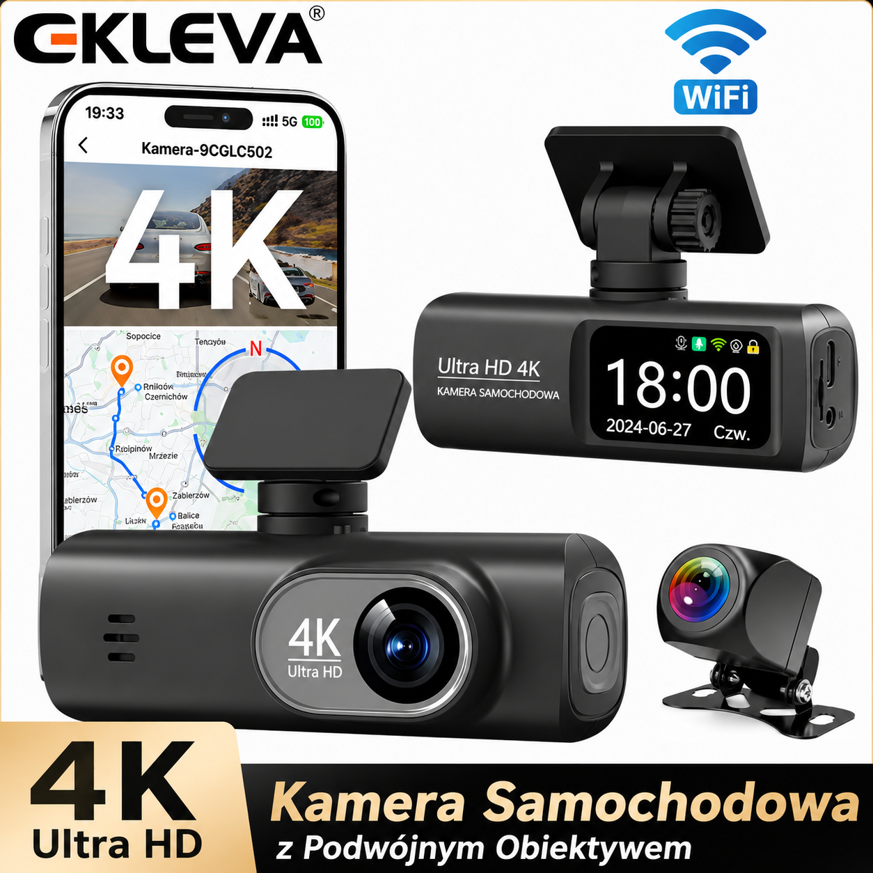 Rejestrator samochodowy EKLEVA 4K+1080P dwukanałowy z WiFi, całodobowe monitorowanie parkowania, czarna skrzynka