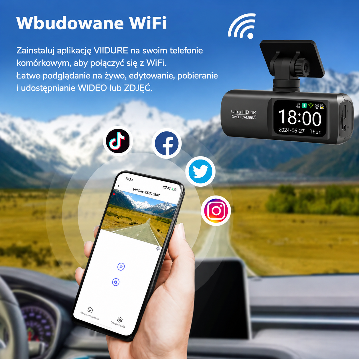 Rejestrator samochodowy EKLEVA 4K+1080P dwukanałowy z WiFi, całodobowe monitorowanie parkowania, czarna skrzynka