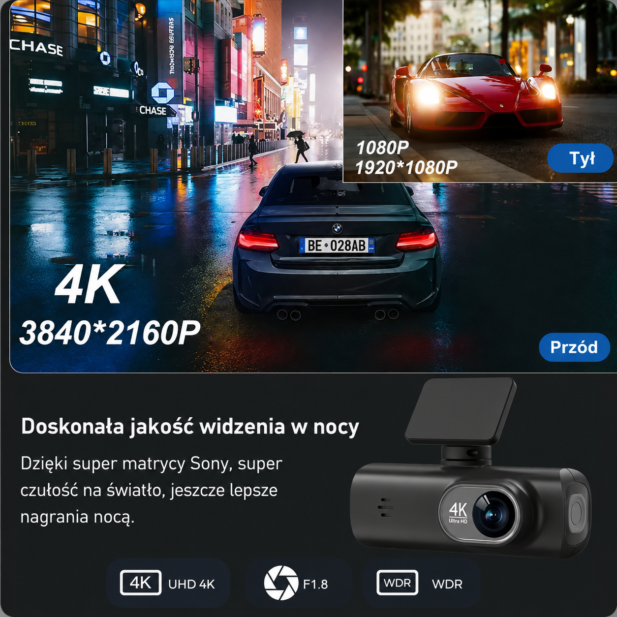 Rejestrator samochodowy EKLEVA 4K+1080P dwukanałowy z WiFi, całodobowe monitorowanie parkowania, czarna skrzynka